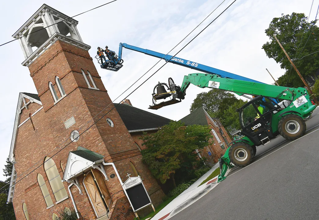 Bell being taken down at Immanuel Church in Oxford, MI